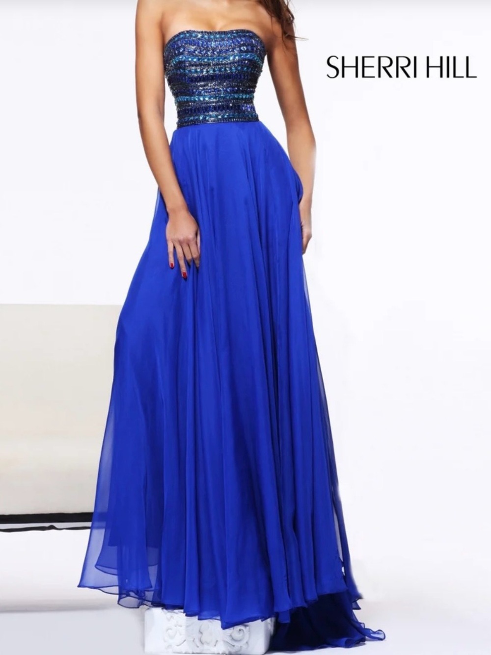 Sherri Hill 1539 Cobalt Blue Strapless Beaded Bodice Evening Gown, Sz 2